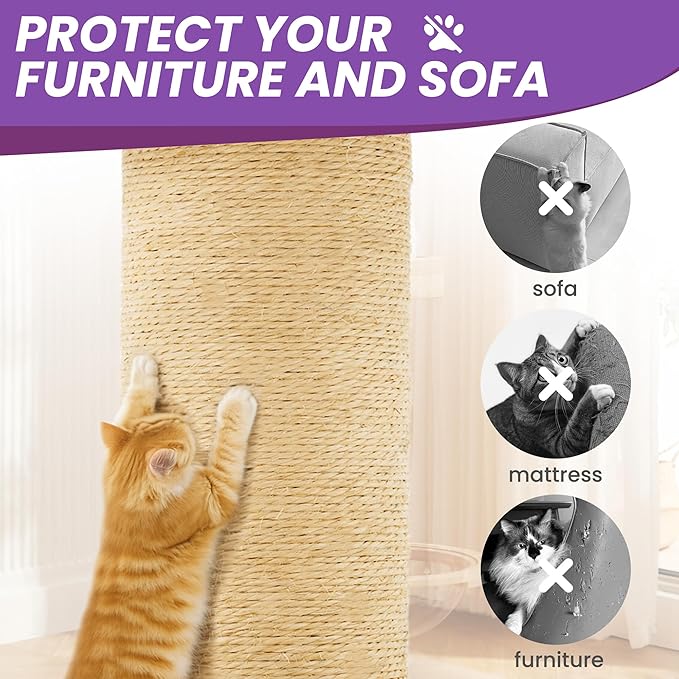 59in Large Cat Tree Tower for Indoor Cats with Soft Plush Hang Ball, Two Condos, Sisal Scratch Posts & Rope Play for Kittens/Adult Cats, Purple