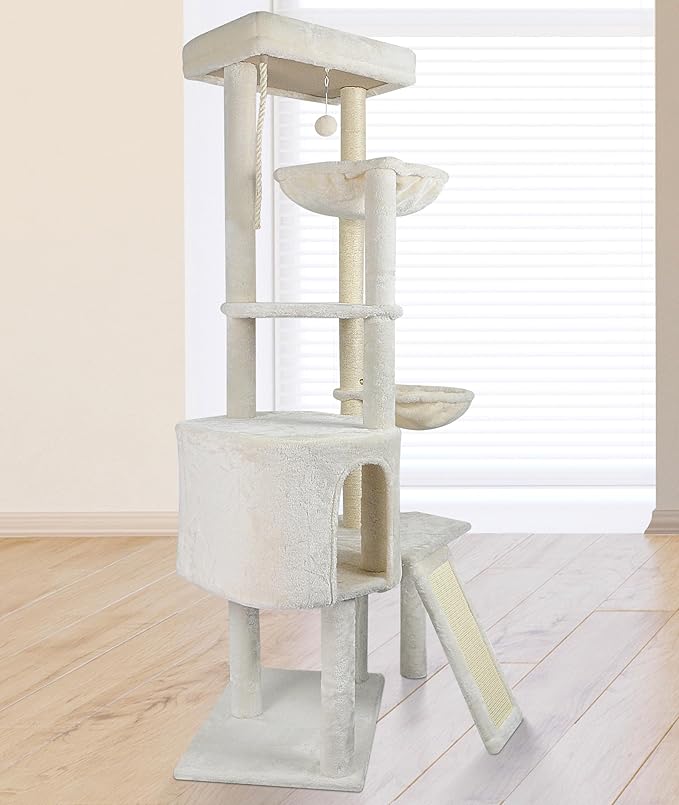 Wang Xin Four Layer Big Cat Tree with Huge Cat Condo and Two Hammocks Scratch Pad,Beige