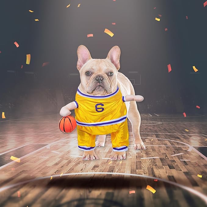 DELIFUR Dog Basketball Player Costume - Pet Halloween Costume Adjustable Funny Dress Up Sports Outfit Cosplay Clothes for Small Medium Dog (Yellow Basketball, Small)