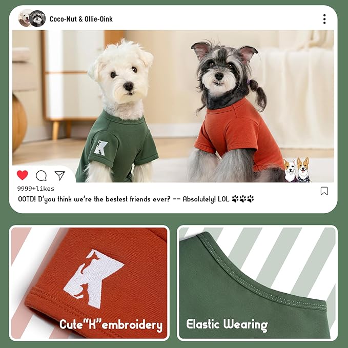 Koneseve Dog Shirts Soft Cat Clothes Comfy Cotton Stretchy for Small Dogs 2-Pack Rust & Mist Green L