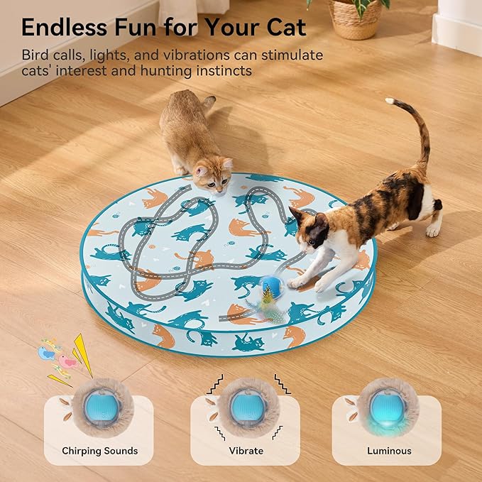 ZOMISIA Interactive Cat Toy Ball, Hide and Seek Cat Toys in Play Mat, Moving Rolling Kitten Toys for Indoor Bored Cats, Motion Activated Rechargeable Kitty Toys with 3 Tails/LED Light/Bird Chirping