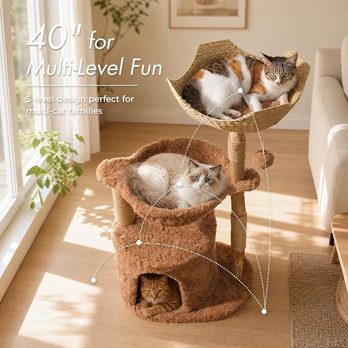 PAWZ Road Modern Cat Tree with Natural Solid Wood Scratching Post, 40 Inches Cat Tower with Large Wicker Basket,Spacious Hammock,Luxury Condo for Indoor Cats，Brown