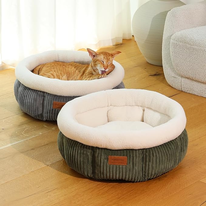FUKUMARU Cat Bed, Corduroy Round Cat Beds for Indoor Cats, Washable Fluffy Pet Bed for Cats and Puppy, Soft Cute Small Dog Beds, Green