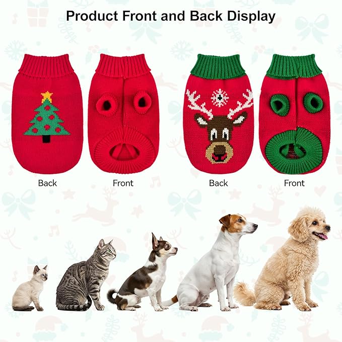2PCS Puppy Christmas Sweater Cat Turtleneck Knitwear Xmas Elk Outfits Dog Christmas Tree Pattern Warm Clothes Sweater for Kitties Puppies L