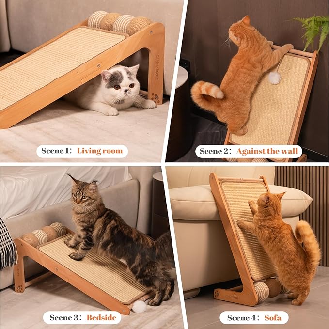 CHEERHOME PETS Sisal Cat Scratcher Ramp with Balls, 24.8" L Shape Cat Scratching Post Climbing Scratch for Indoor Cats, Solid Wooden Cat Furniture(Large)