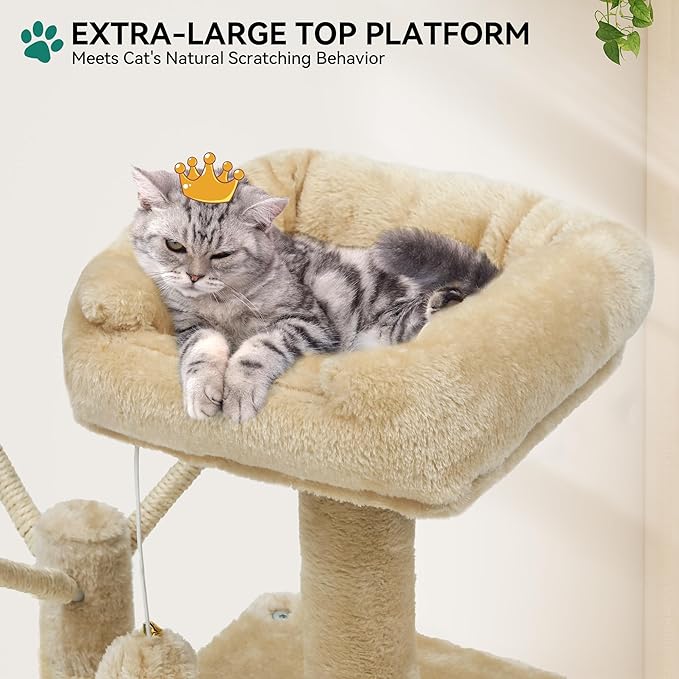 YITAHOME 44in Multi-Level Cat Tree for Indoor Kittens, Cat Furniture with Scratch Posts, Window Padded Plush Perch, Comfortable Hammock, and Interactive Pompoms, Beige