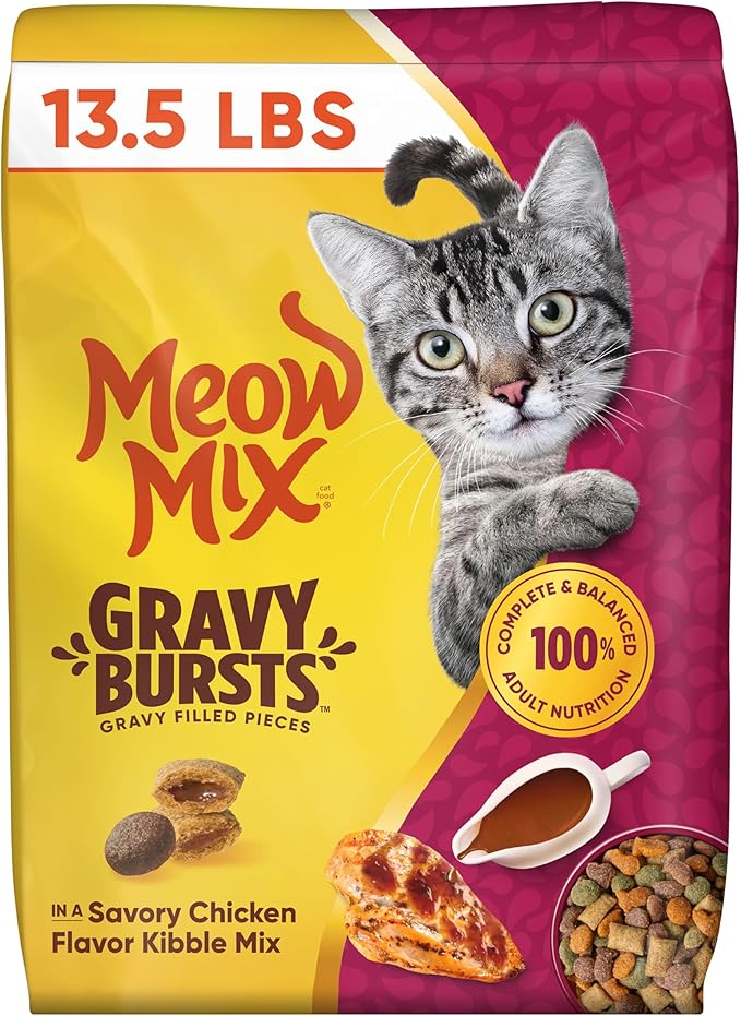 Meow Mix Gravy Bursts Savory Chicken Flavor Mix with Gravy Filled Pieces, Dry Cat Food, 13.5 Pound Bag