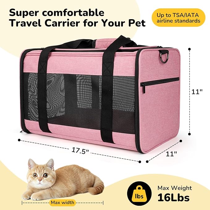 Hipubby Cat Carrier Dog Carrier for Pets Up to 16 Lbs, Soft-Sided Pet Travel Carrier for Cats and Small Dogs, Airline Approved Pet Carrying Case with Shoulder Strap & Removable Mat - Pink