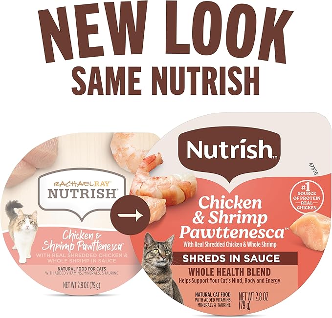 Nutrish Grain Free Wet Cat Food Chicken & Shrimp Pawttenesca Whole Health Blend with Real Shredded Chicken & Whole Shrimp in Sauce, 2.8 oz. Cup, Pack of 12 (Rachael Ray)
