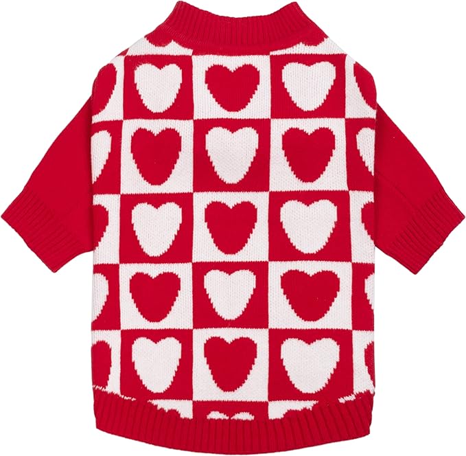 Fitwarm Checkered Heart Dog Sweater, Cozy Valentines Outfit for Small Dogs Girl, Festive Pet Clothes, Red, White, XL