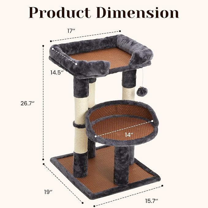 Fansafurn Multi-Level Cat Tree for Indoor Cats, Modern Cat Tower with Double Beds & Scratching Posts, 27 in Cute Cat Tree for Large Cats and Kitten, Small Cat Climbing Tower with Hanging Toys, Grey