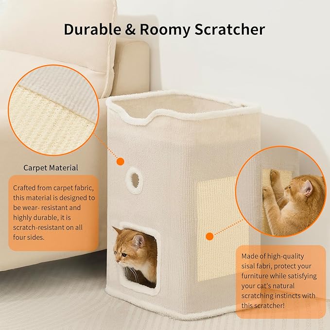 Cat House, Cat Beds for Indoor Cats, 2-Story Cat Condo Cube with Scratch Pad and Fluffy Ball Hanging, Multi-Level Cozy Hideout Center Ideal for Small/Medium Cats