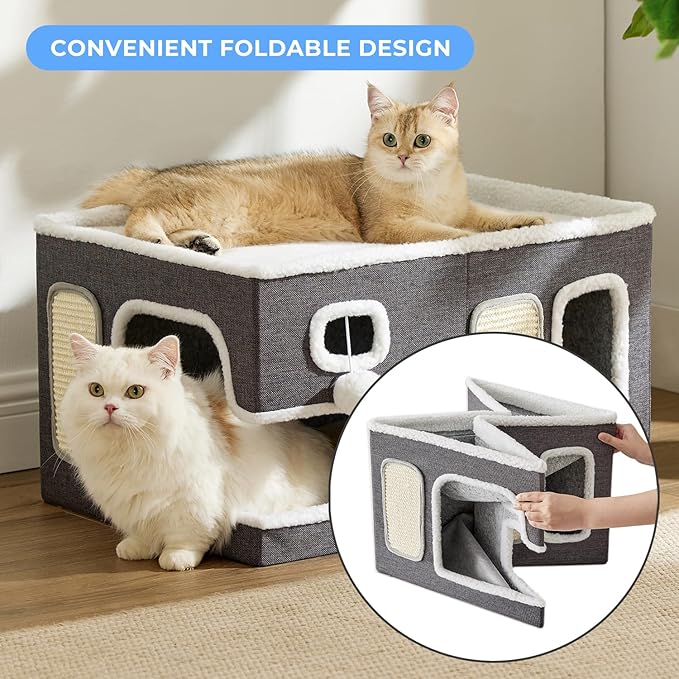 ZOMISIA Extra-Wide Cat House for Indoor Cats - Large Cat House for Pet with Fluffy Ball Hanging and Scratch Pad, Foldable Cat Hideaway for Multi Cats, 23x16.5x13 inches, Green