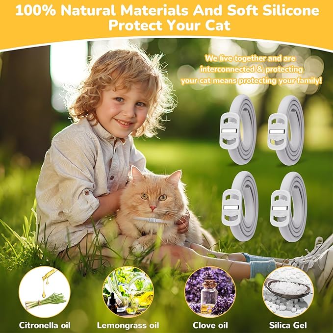 4 Pack Natural Flea Collar for Cats,Cat Flea and Tick Treatment,32 Months Protection Flea and Tick Prevention for Cats,Waterproof Cat Flea Collar,Adjustable Cat Flea and Tick for Kittens & Adult Cat
