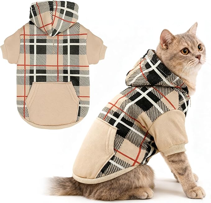 EXPAWLORER Plaid Cat Hoodie - British Style Warm Cat Sweater Shirt with Leash Hole,Pet Clothes Outfits,Winter Coat Apparel for Puppy Cats Girl Boy-Kitten Apparel,Beige XL