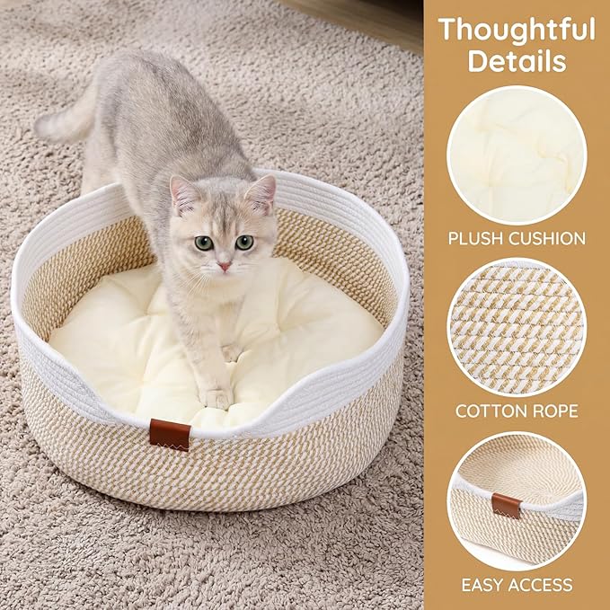 Cat Basket with Cushion, 20 Inch Cotton Rope Pet Sleeping Bed, Versatile Cozy Kitten Nesting Basket Dog Toy Organizer for Medium Large Pet, All Season Universal