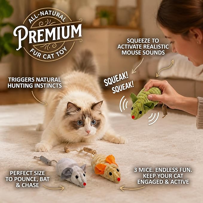 3Pcs Cat Toys Squeak Mice Catnip Toys for Indoor Cat Dental Chirping Mouse Plush Kitten Stuffed Toy Cleaning Teeth Matatabi Bite Interactive Cat Gifts Kitty Toy