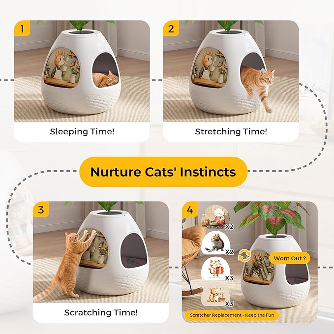 Copod8 Cat Beds for Indoor Cats 4-in-1 Cat Bed Cave Kitten House with Replaceable Scratching Board, Heating Pad, Air Purifier and Artificial Plant for Cats Rabbits Guinea Pigs Small Dogs (White)