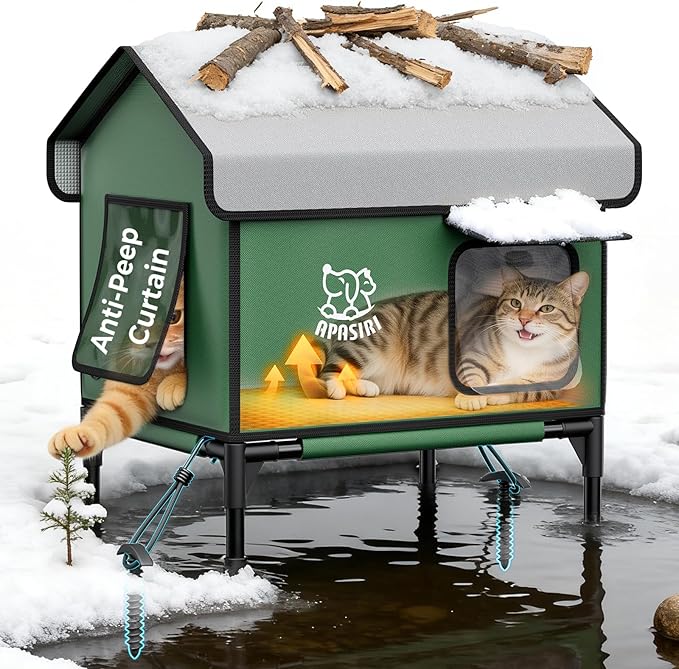 Outdoor Cat House Weatherproof – Insulated Feral Cat Shelter with Heating Pad, Water Resistant 900D Oxford, Anti-Peep Curtains & Escape Door, Elevated Design for All Seasons, Small