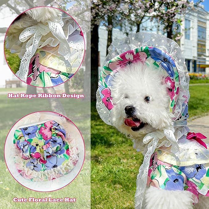 2 Pcs Pet Floral Dress and Lace Sunhat, Summer Skirt with Laces for Dog, Cute Bowknot Dresses for Cat, for Birthday Party and Outdoor Travel (Colorful, X-Small)