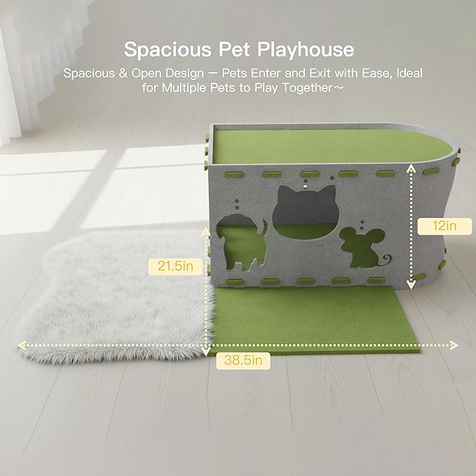 3-in-1 Large Cat House & Cat Tunnel for Indoor Cats - Foldable Felt Cat Cave Bed with Scratching Surface, Washable Mat & Toys - Sturdy Interactive Pet Condo Hideaway for Kittens & Small Dogs