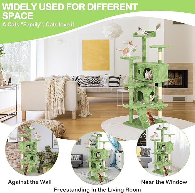 54 Inches Tall Cat Tree Tower for Indoor Cats, Multi-Level Condo Furniture With Scratching Post Stand, Trees With Funny Toys and House for Kitten Rest & Fun, Green