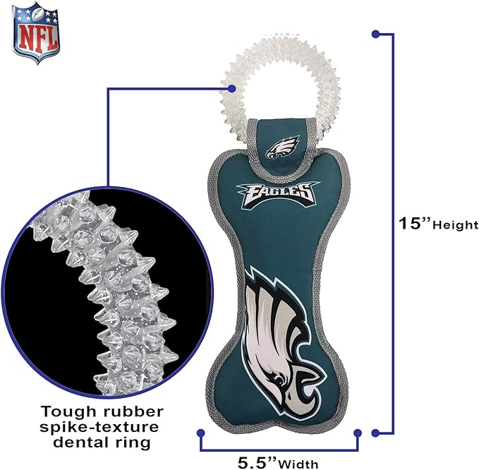 Pets First NFL Philadelphia Eagles Dental Dog TUG Toy with Squeaker. Tough PET Toy for Healthy Fun, Teething & Cleaning Pet's Teeth & Gum., Team Color, one Size (PHL-3310)