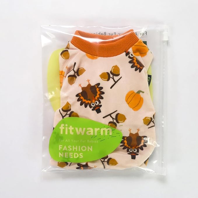 Fitwarm Thanksgiving Turkey Dog Pajamas, Funny Dog Winter Clothes for Small Dogs Girl Boy, Pet Jumpsuit, Cat Onesie with Feet, Lightweight Velvet, Orange, Medium