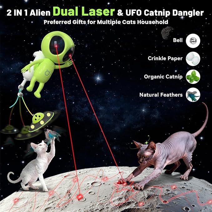ORSDA Laser Cat Toys for Indoor Cats, 2 in 1 Interactive Automatic Dual Laser & Catnip UFO Dangler for Kitten Toys, Truly Random Trajectory Radar Motion-Activated, Rechargeable 4 Modes, Clamp Design