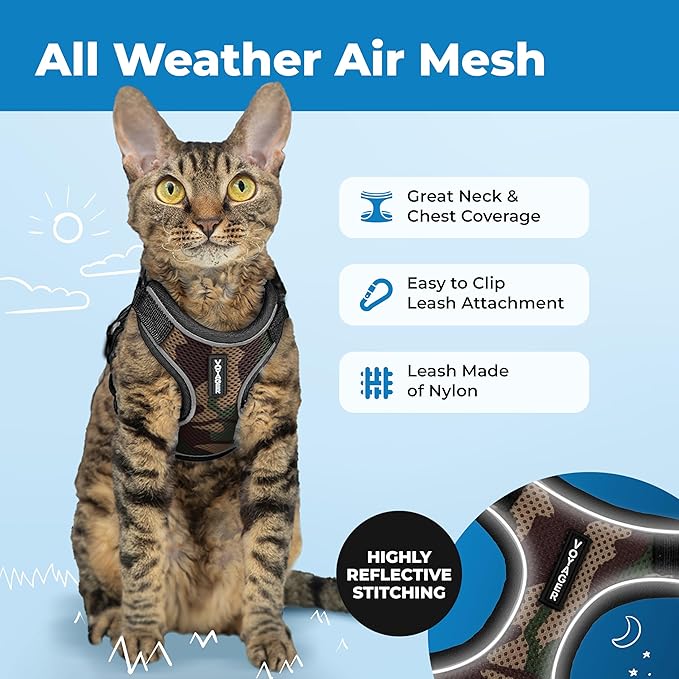 Voyager Escape-Proof Step-in Lock Cat Harness & 5ft Neoprene-Handle Leash Set All-Weather Mesh with Reflective Stitching for Small to Large Cats by Best Pet Supplies, Army (327), S