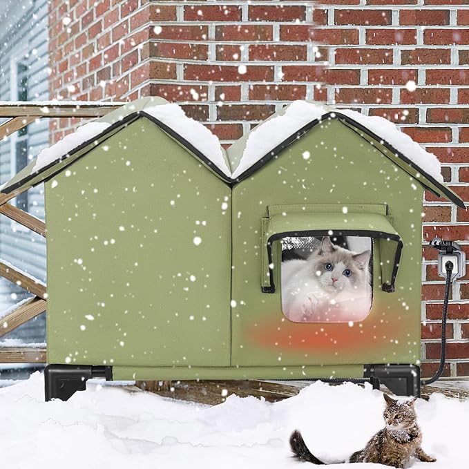 Heated Cat House for Outside Winter, Large Heated Outdoor Cat House Weatherproof, Elevated Bed, Escape Door, Insulated Outdoor Cat Shelter with Heater for Multiple Cats Feral Stray Kitty, Easy Setup