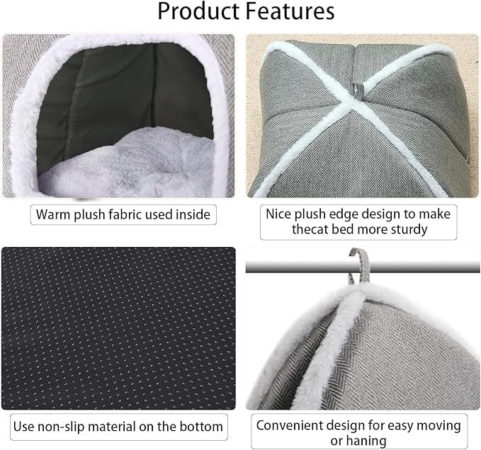 Cat Beds for Indoor Cats-Cat Bed Cave House Tent for Kittens and Small Pets with Washable Cushioned,Soft and Warm Indoor House, Grey, 15 inches