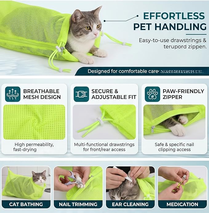 Cat Bathing Washing Bag, Adjustable Multi Functional Cat Restraint Mesh Bag Pet Shower Accessories for Nail Trim Examining Ear Clean Injecting (Yellow)