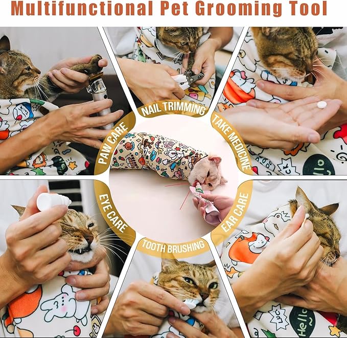 Cat Wrap for Cutting Nails, Self-Adhesive Cat Grooming Wrap Anti-Escape Anti-Scratch Calming Cat Swaddle Wrap for Nail Clipping, Medicine, Ear Cleaning, Multifuctional Pet Tool for Cat-Owner, Vet