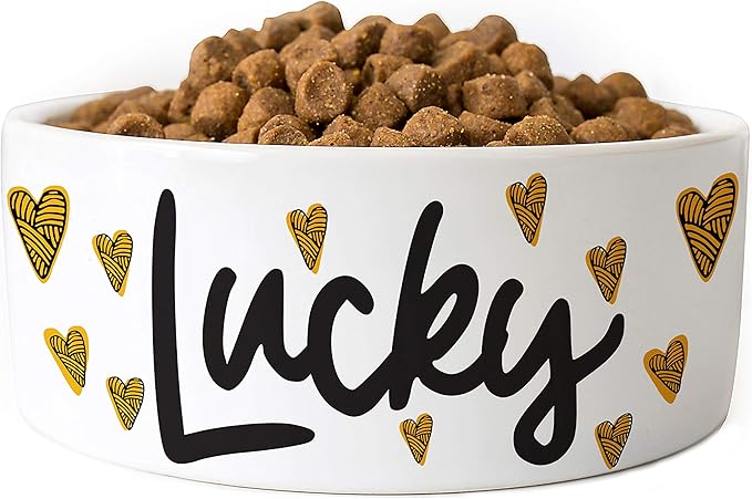 Personalized Dog Bowl w/Name, Ceramic Bowl for Dogs and Cats, 2 Sized for Small and Large Dogs - Pet Dish for Dry or Wet Food and Water, Pet Owner Gifts, Custom Pet Food Bowl | Yellow Heart, 6 inches