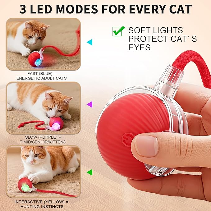 Interactive Cat Toy Ball - 3 LED Modes Motion Activated, Elastic Mesh Tail Type-C Rechargeable Self-Playing Toy for Bored Indoor Cats Kittens, Ideal Gift for Cat Lovers (Red)