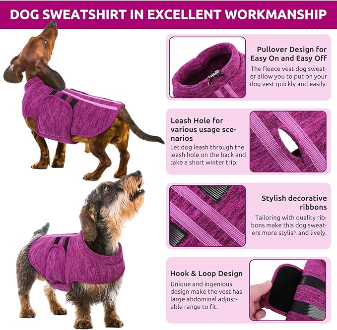 Queenmore XXL Dog Sweaters, Soft Fleece Vest Pullover Dog Jacket with Leash Hole, Warm Winter Pet Clothes Cold Weather Doggy Dachshund Sweater for Large Dogs Cats Boy or Girl (Cationic Berry, XXL)