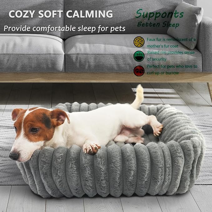 Rectangle Dog Bed for Small Dogs Washable Furry Puppy Beds,Orthopedic Soft Calming Warming Sleeping Cat Bed with Sides,Cozy Corduroy Fleece Square Pet Beds for Large Cat and Puppy,Warm Grey 20x19 Inch