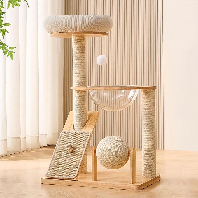 HITTITE Solid Wood Cat Tree Tower with Scratching Post, 37.8 Inches Tall Cat Towers with Scratching Board and Scratcher Ball, Modern Cat Tower With Space Capsule and Removable Top Bed for Indoor Cats.