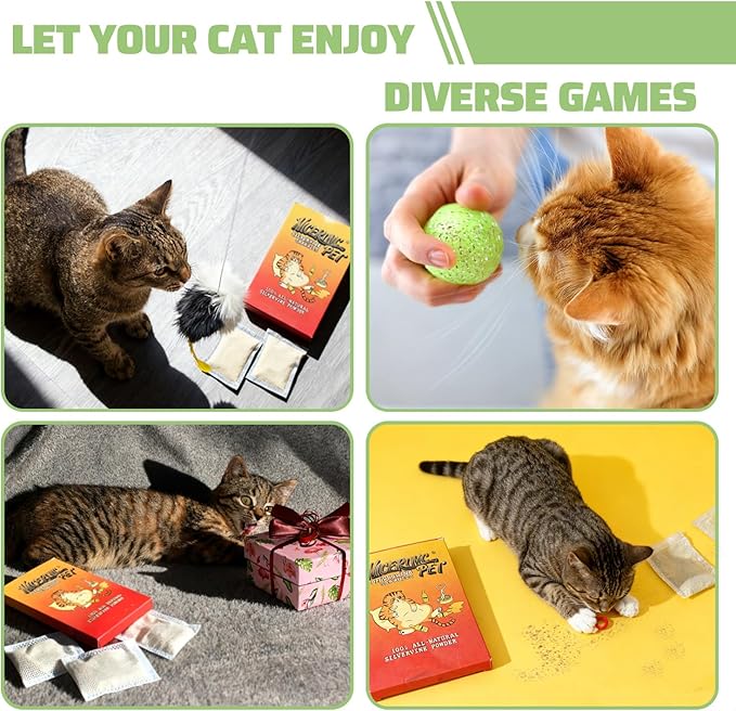 10 Pack Silvervine Powder Packets for Cat Toys,Organic Gall Fruit Powder(Matatabi),Refillable Catnip Toys Biodegradable, Non-GMO, Chemical-Free Refill Packs for Cats