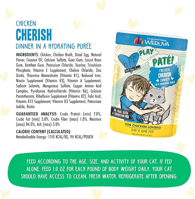 B.F.F. PLAY - Best Feline Friend Paté Lovers, Aw Yeah!, Chicken Cherish with Chicken, 3oz Pouch (Pack of 12)