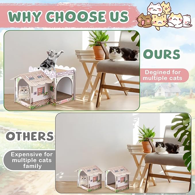 Lineshading 2 Story Cardboard Cat House with Scratcher Pad, Multi Level Durable Cat Scratcher House for Small Kitten Bunny Rabbit Animals Christmas Birthday Gift(17x12x10,Cottage)