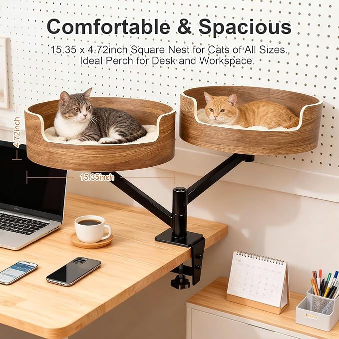 Double Cat Desk Bed with 2 Pet Mat ，360° Rotation ，Walnut Wood Finish，Space-Saving Perch Adjustable Cat Bed Desk Easy Install - Suitable for Indoor Furniture for Office & Game Tables