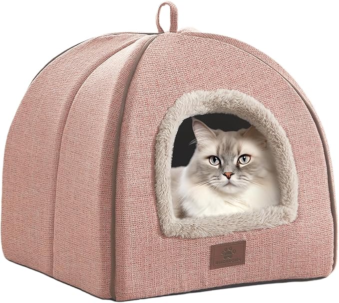 WINDRACING Cat Bed for Indoor Cats - Cat Cave Beds Cat House Cat Tent with Removable Washable Cushioned Pillow Light Pink, M(15 X 15 X 15 Inch)
