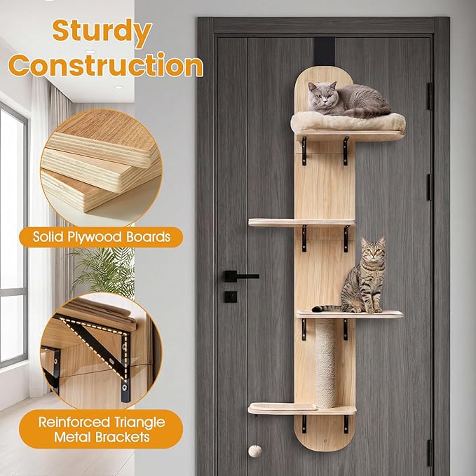 PETSITE Door Mounted Cat Tree, 58.5-61.5 Inches Height Adjustable Hanging Cat Climber with Scratching Post, Detachable Scratching Mats, and Comfy Plush Cat Bed (Natural)