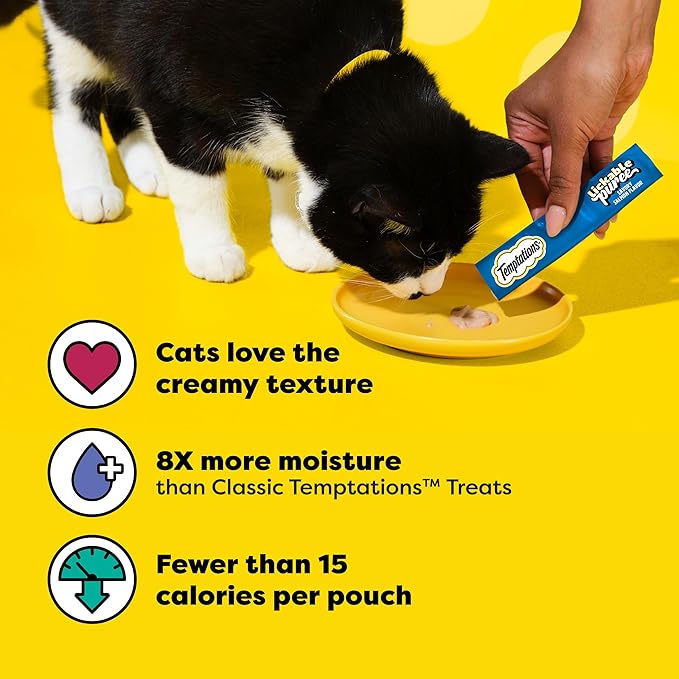 Temptations Creamy Puree Squeezable Lickable Cat Treats, Wet Cat Treats with Salmon, 0.42 oz. Tubes, 24 Count - Packaging May Vary