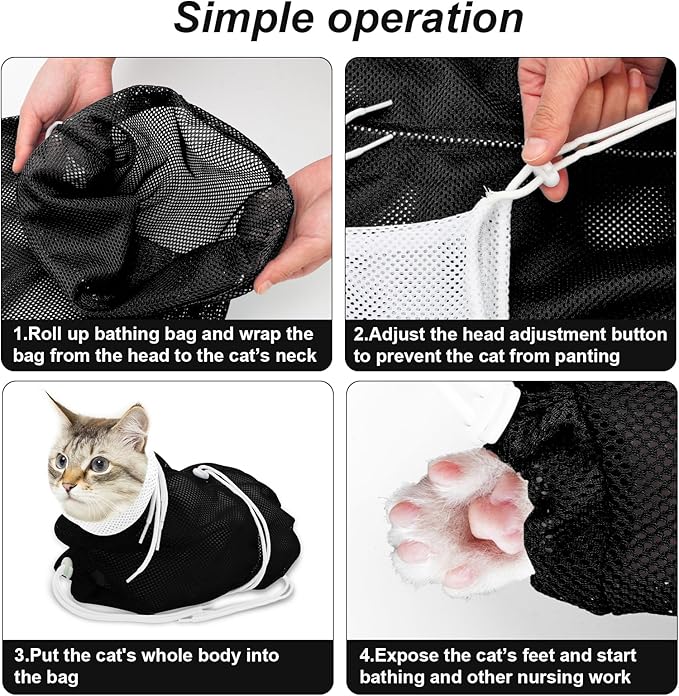Cat Bathing Bag, Breathable Mesh Cat Shower Bag Anti Scratch Adjustable Grooming Washing Bag for Nail Trimming Soft Polyester