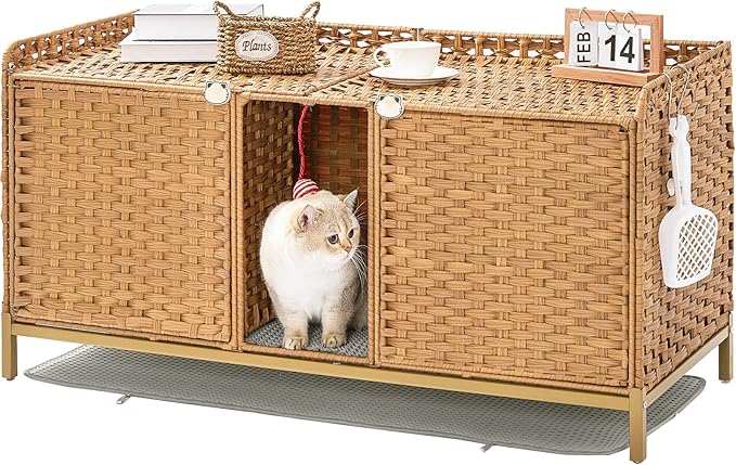 SETVSON Cat Litter Box Enclosure for 2 Cats, Hidden Litter Box Furniture with Mat, Large Rattan Cat House with Double Room and Door, 47.3 L x 19.7 W x 24 H, 2 S-Shaped Hooks for Living Room Natural