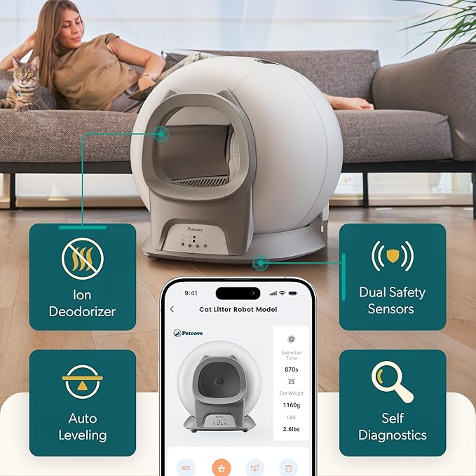 Petcove Automatic Self Cleaning Litter Box for Multiple Cats - PurrTek with Smart App (5GHz Wi-Fi), Triple Odor Control, Quiet Operation & Advanced Safety Sensors