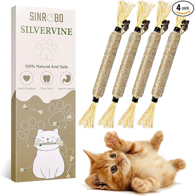 4 Pack Silvervine Sticks for Cats - Cat Chew Toy for Teeth Cleaning, Edible Matatabi Kitty Chew Sticks, Catnip Cat Toys for Indoor Cats (4 Sticks)